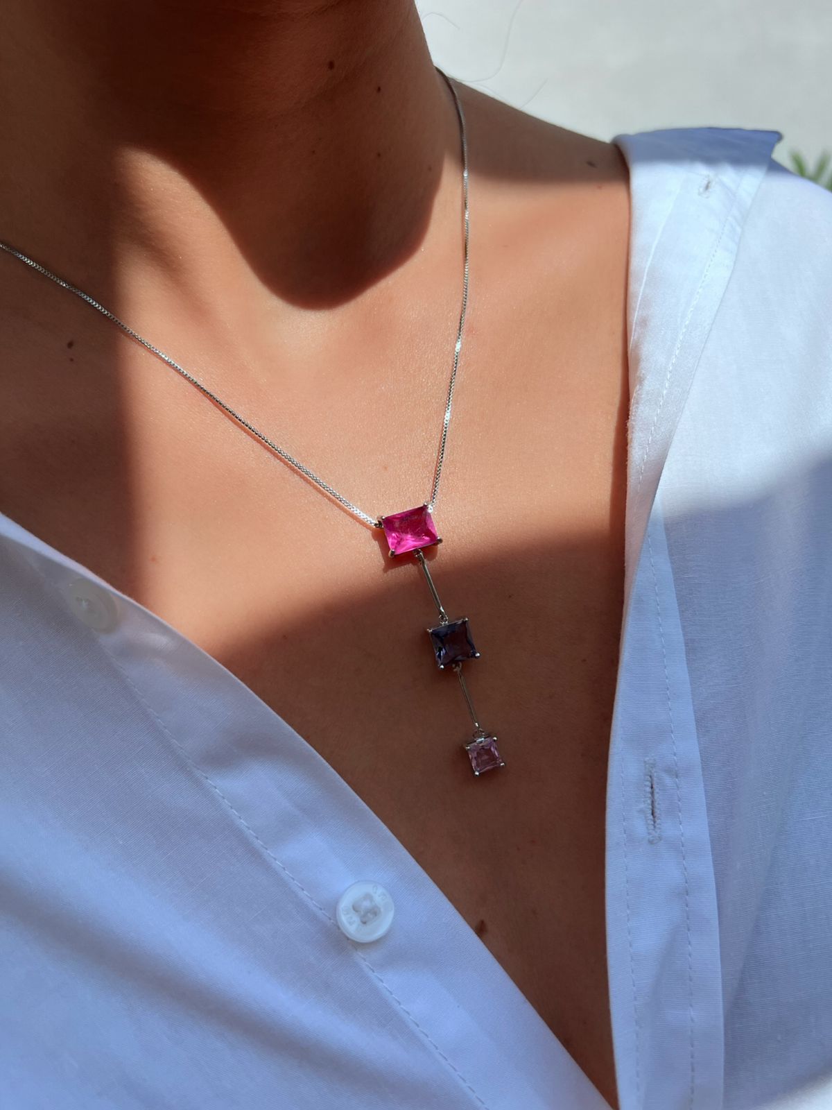 Conjunto com Fusion Fúcsia e Zircônia Colorida em Ródio Branco