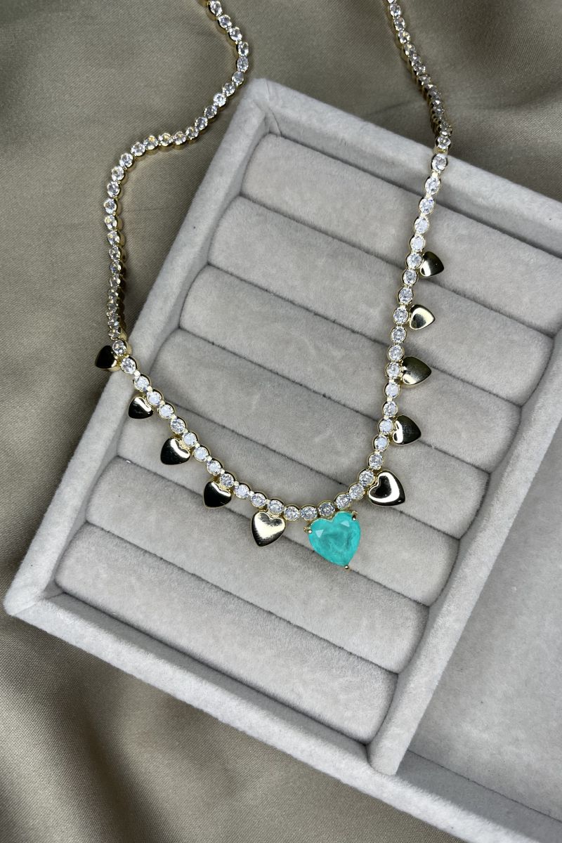 Riviera Maleável com Zircônia Cristal e Corações Liso e Fusion Esmeralda Colombiana em Banho de Ouro