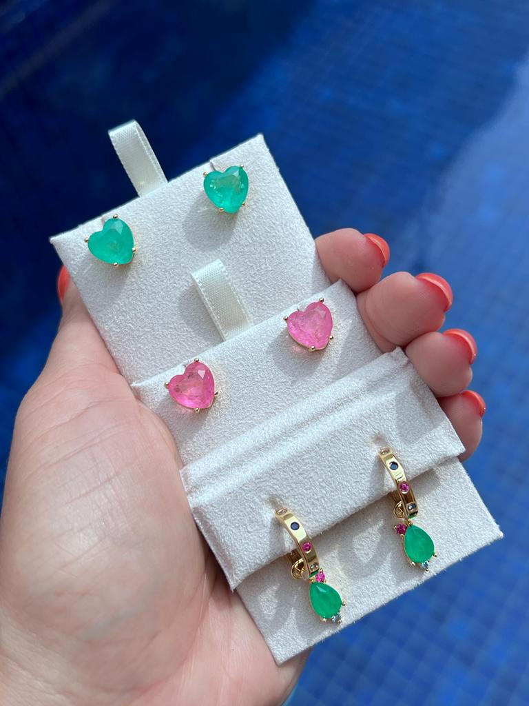 Brinco Coração Fusion Pink em Banho de Ouro