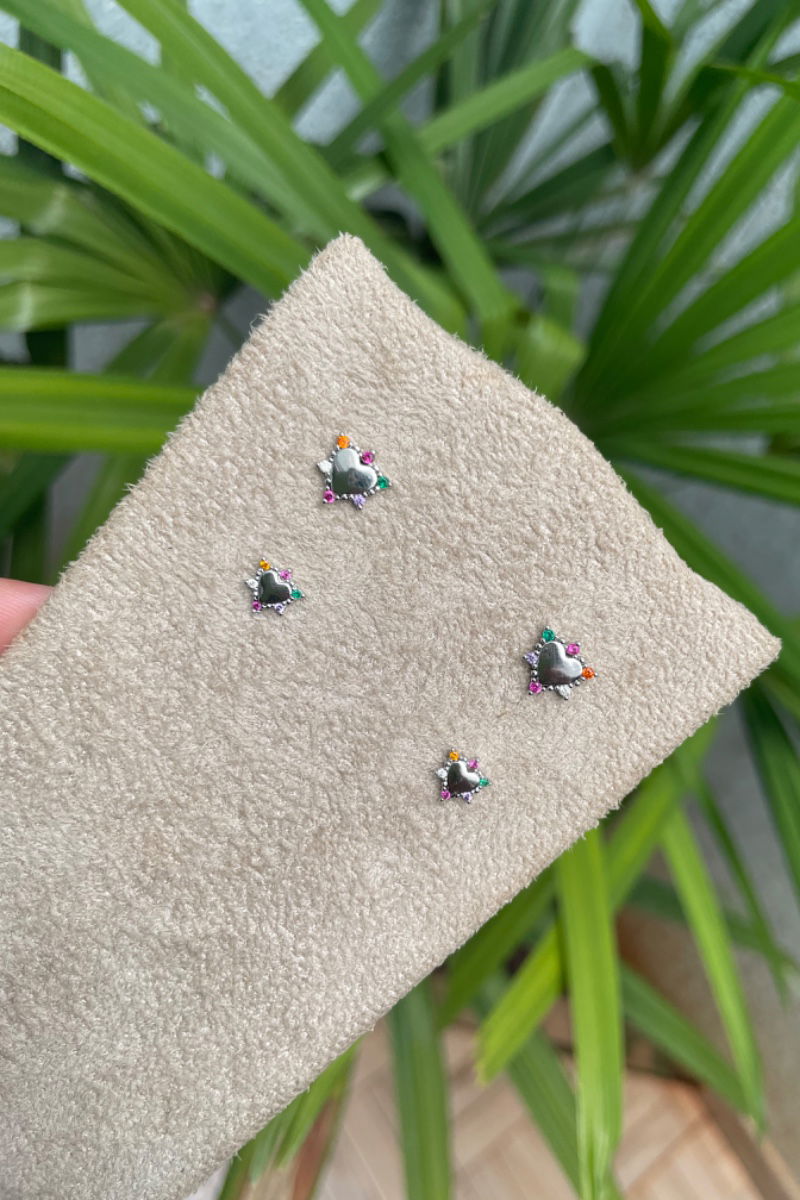 Kit Duplinha de Coração Colors em Ródio Branco