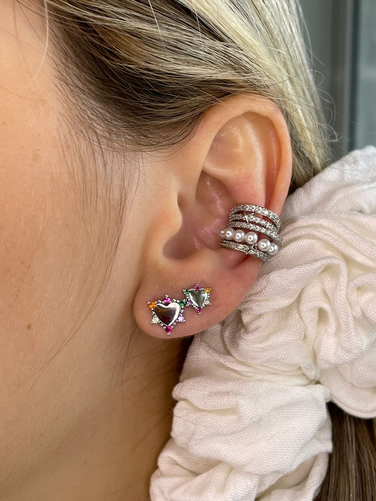 Kit Duplinha de Coração Colors em Ródio Branco