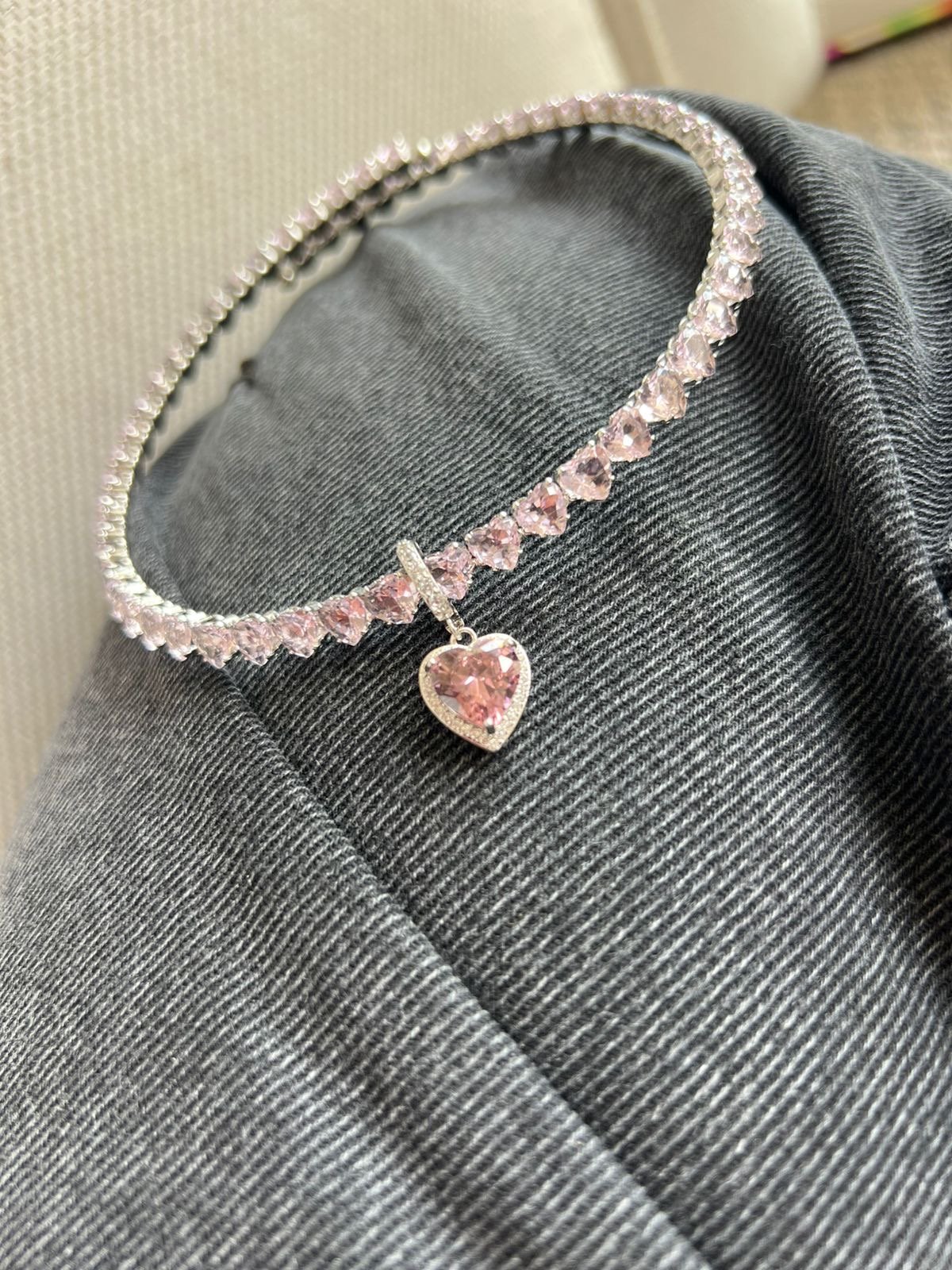 Pingente Coração com Zircônia Cristal e Rosa Claro em Banho de Ródio Branco