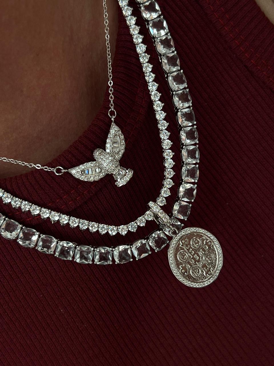 Pingente São Bento com Zircônia Cristal (Abre e Fecha) em Banho de Ródio Branco