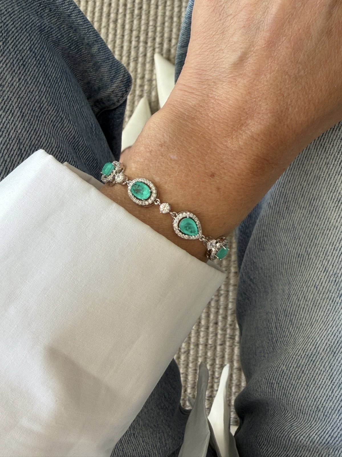 Pulseira com Fusion Esmeralda Colombiana e Zircônia Cristal (Fecho joia) em Banho de Ródio Branco