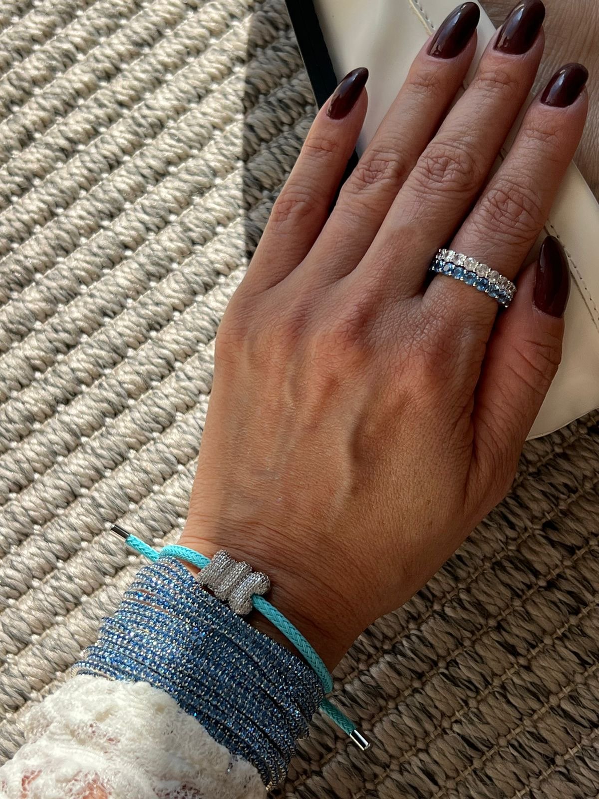 Pulseira Inox Gravatinha Colorida Azul com Ted Zircônia Cristal em Banho de Ródio Branco