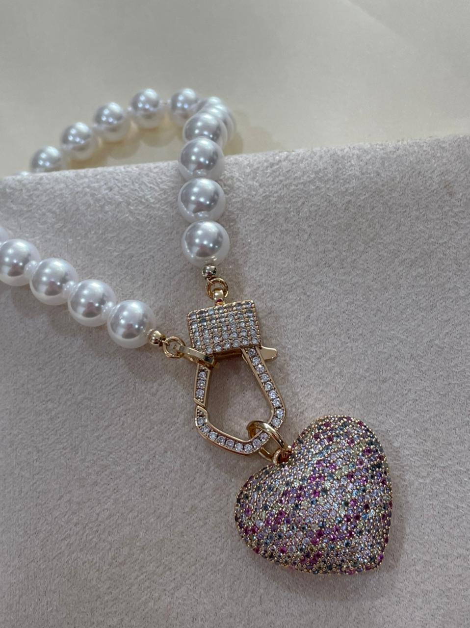 Pulseira Pérola e Coração Zircônia Colorida em Banho de Ouro