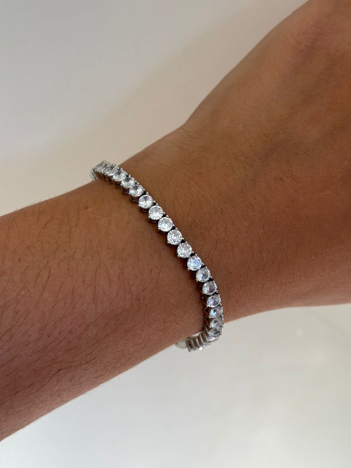 Pulseira Riviera 3 pontas 4mm Zircônia Crista (Fecho Joia) em Banho de Ródio Branco
