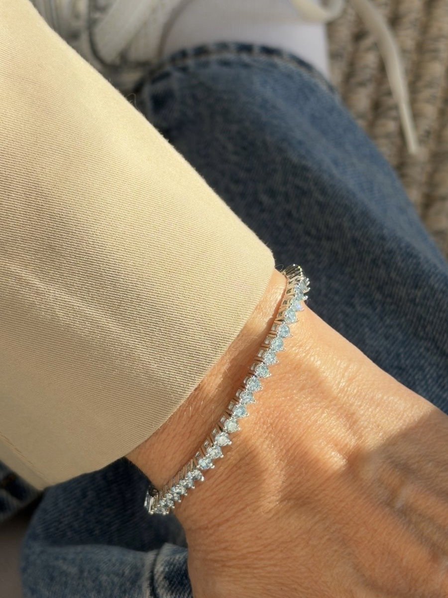 Pulseira Riviera 3 pontas com Zircônia Sky Blue 3mm (Fecho Joia) em Banho de Ródio Branco