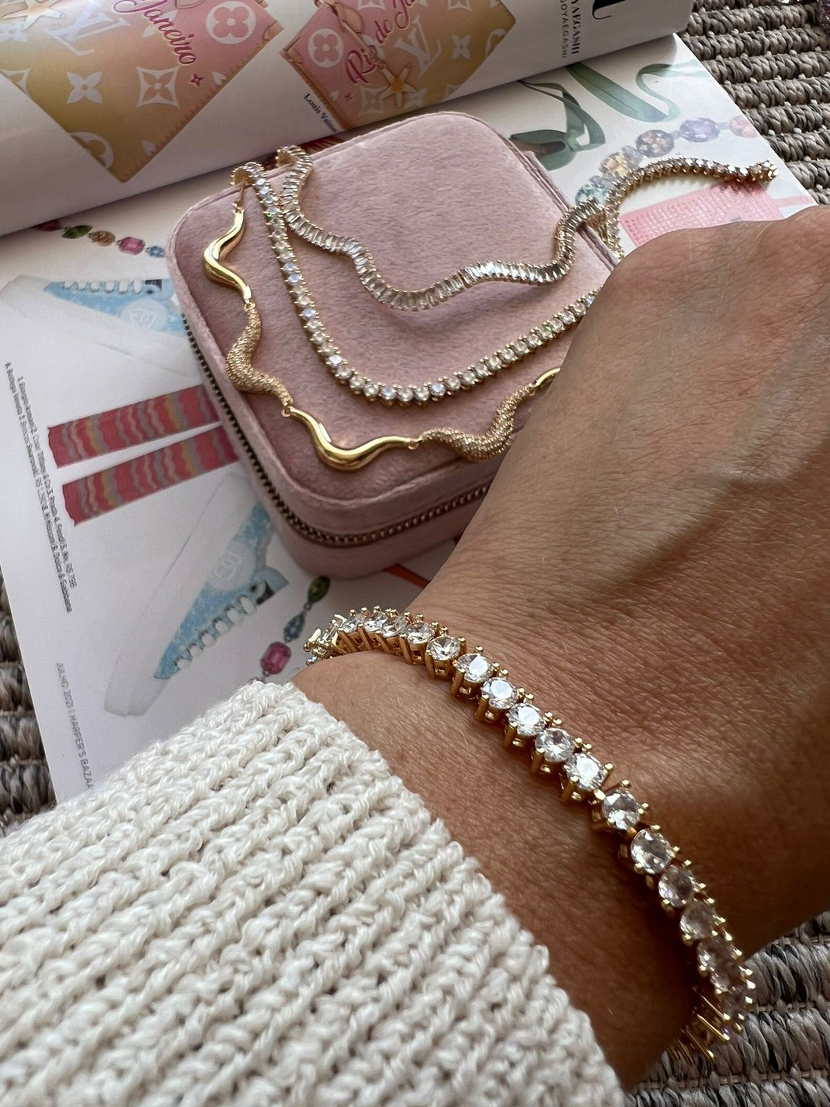 Pulseira Riviera 3 pontas Zircônia Cristal (Fecho Joia) em Banho de Ouro