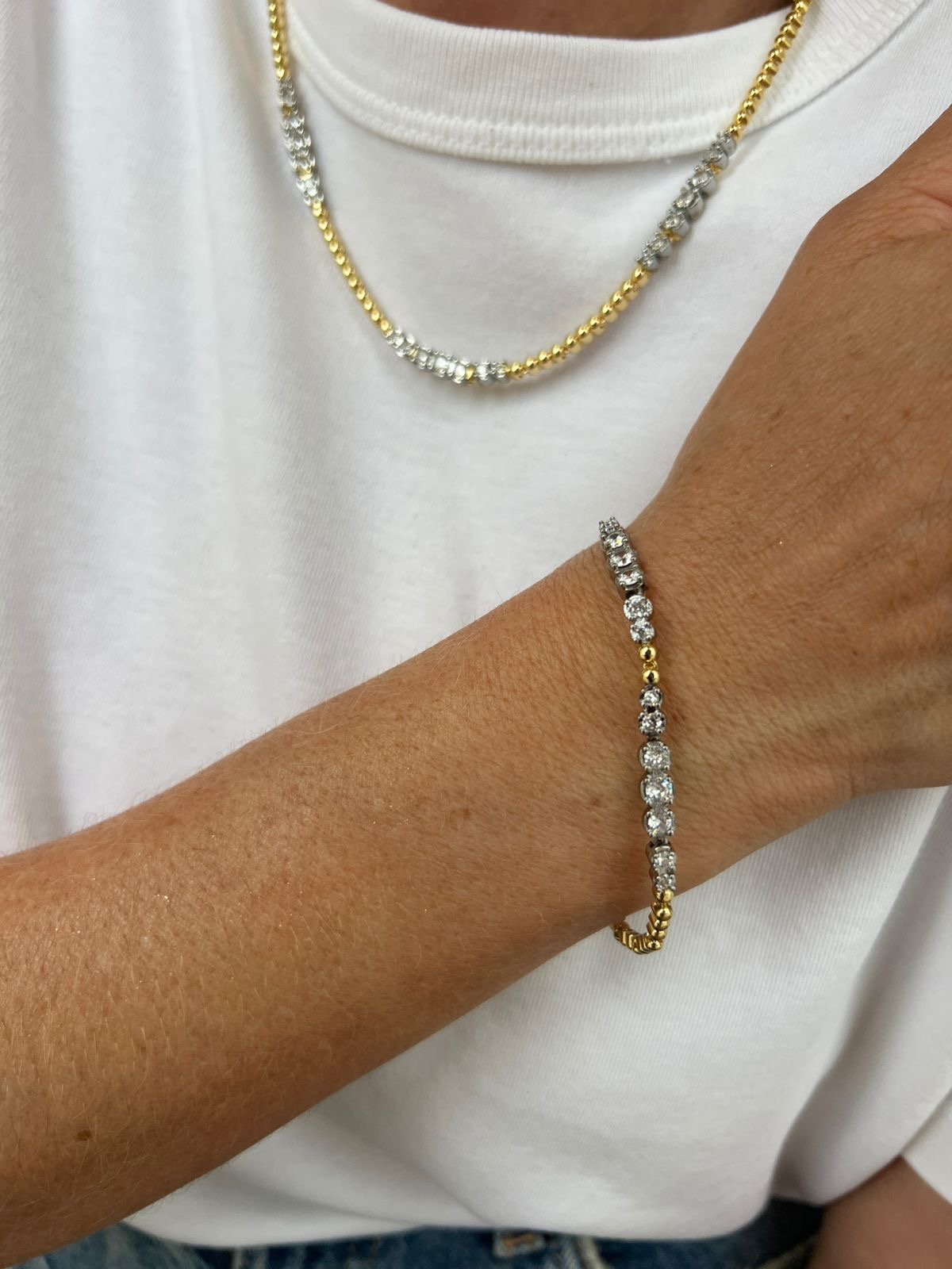 Pulseira Riviera Zircônia Cristal (Fecho Joia) Duo de Banho Ouro + Ródio Branco