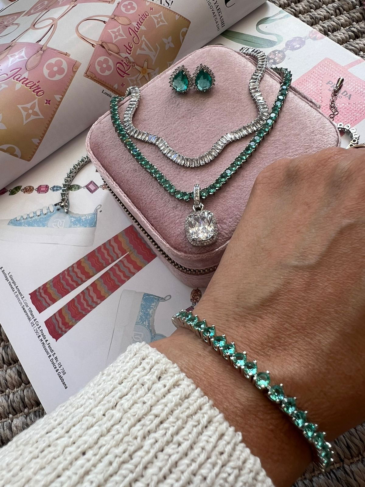 Pulseira Riviera 3 pontas Zircônia Turmalina (Fecho Joia) em Banho de Ródio Branco