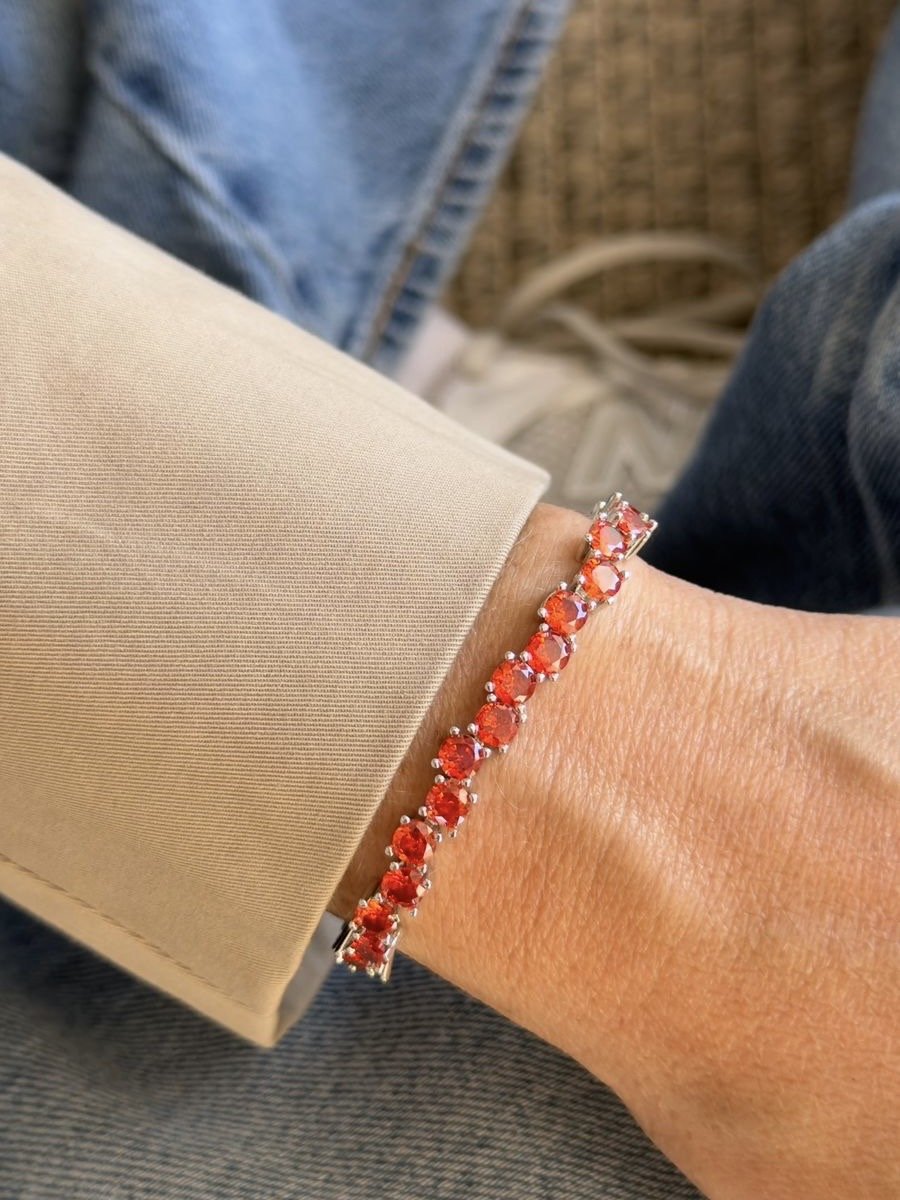 Pulseira Riviera com Zircônia Aperol 4mm (Fecho Joia) em Banho de Ródio Branco