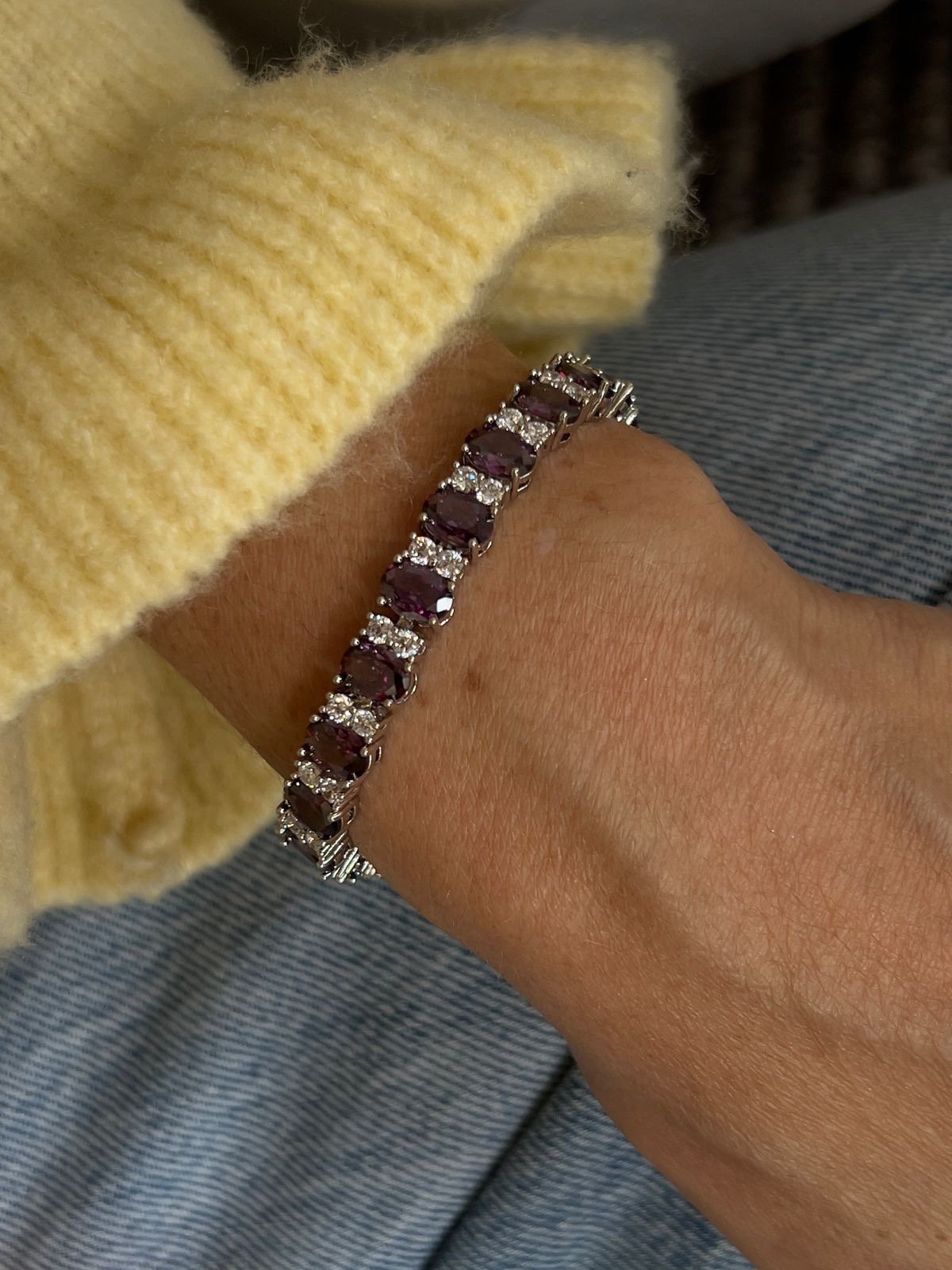 Pulseira Riviera com Zircônia Cristal e Ametista (Fecho joia) em Banho de Ródio Branco