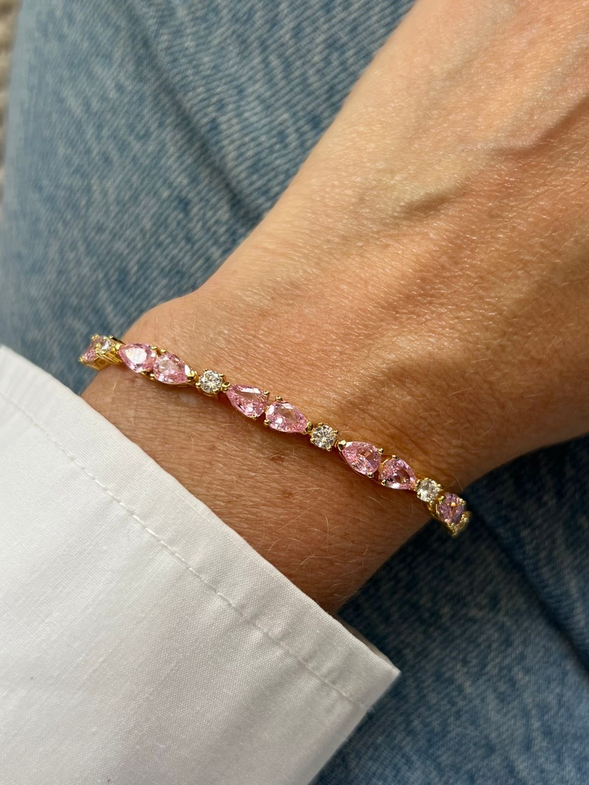 Pulseira Riviera Gotas Zircônia Cristal e Rosa Claro (Fecho Joia) em Banho de Ouro