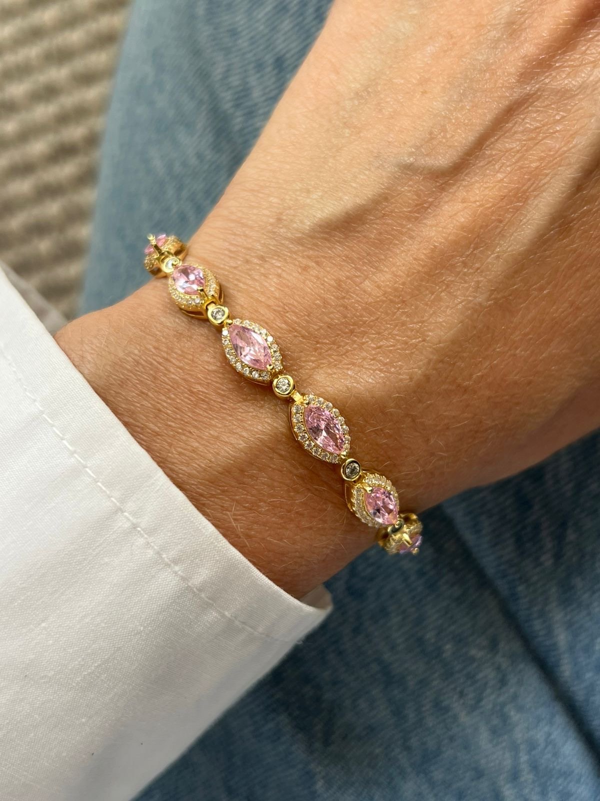 Pulseira Riviera Navete com Zircônia Cristal e Rosa Claro (Fecho Joia) em Banho de Ouro