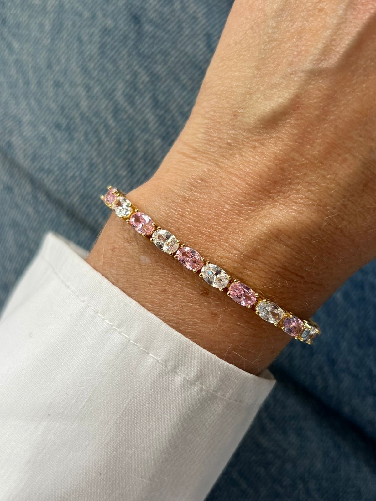 Pulseira Riviera Oval Mista Zircônia Cristal e Rosa Claro (Fecho Joia) em Banho de Ouro