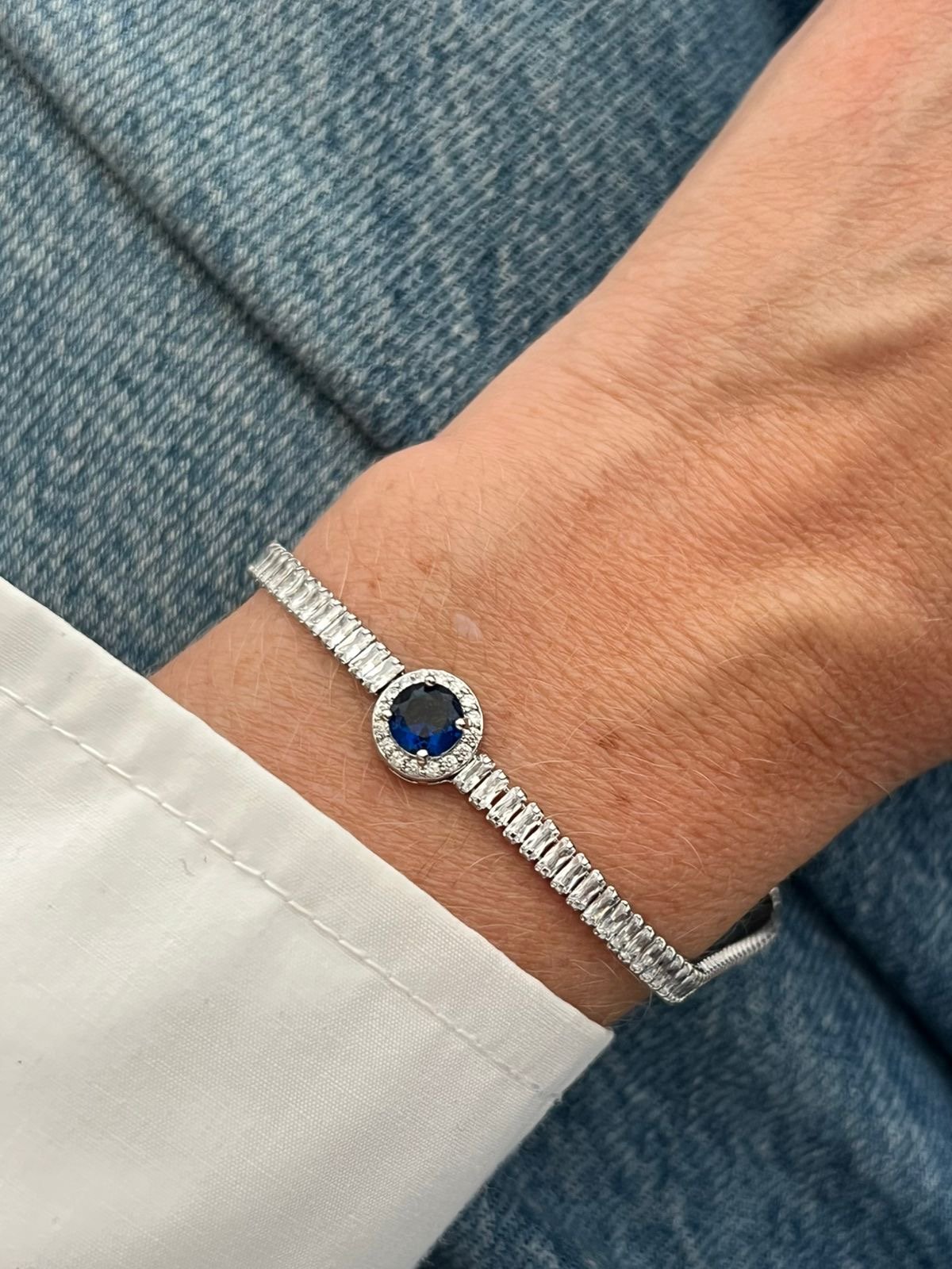 Pulseira Riviera Ponto de Luz com Zircônia Cristal e Azul (Fecho Joia) em Banho de Ródio Branco