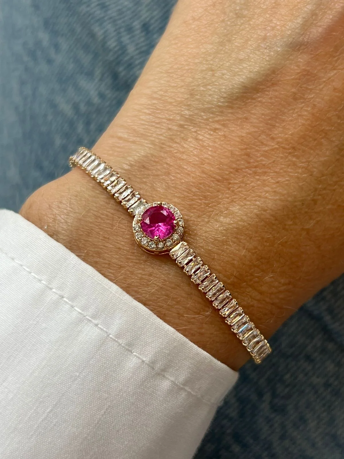 Pulseira Riviera Ponto de Luz com Zircônia Cristal e Pink (Fecho Joia) em Banho de Ouro