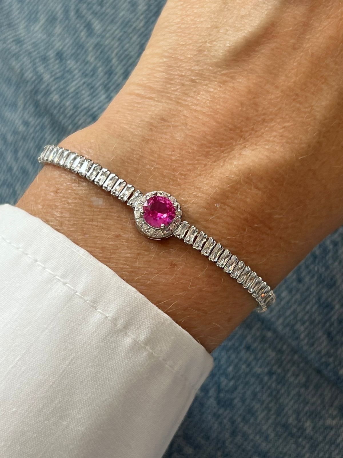 Pulseira Riviera Ponto de Luz com Zircônia Cristal e Pink (Fecho Joia) em Banho de Ródio Branco