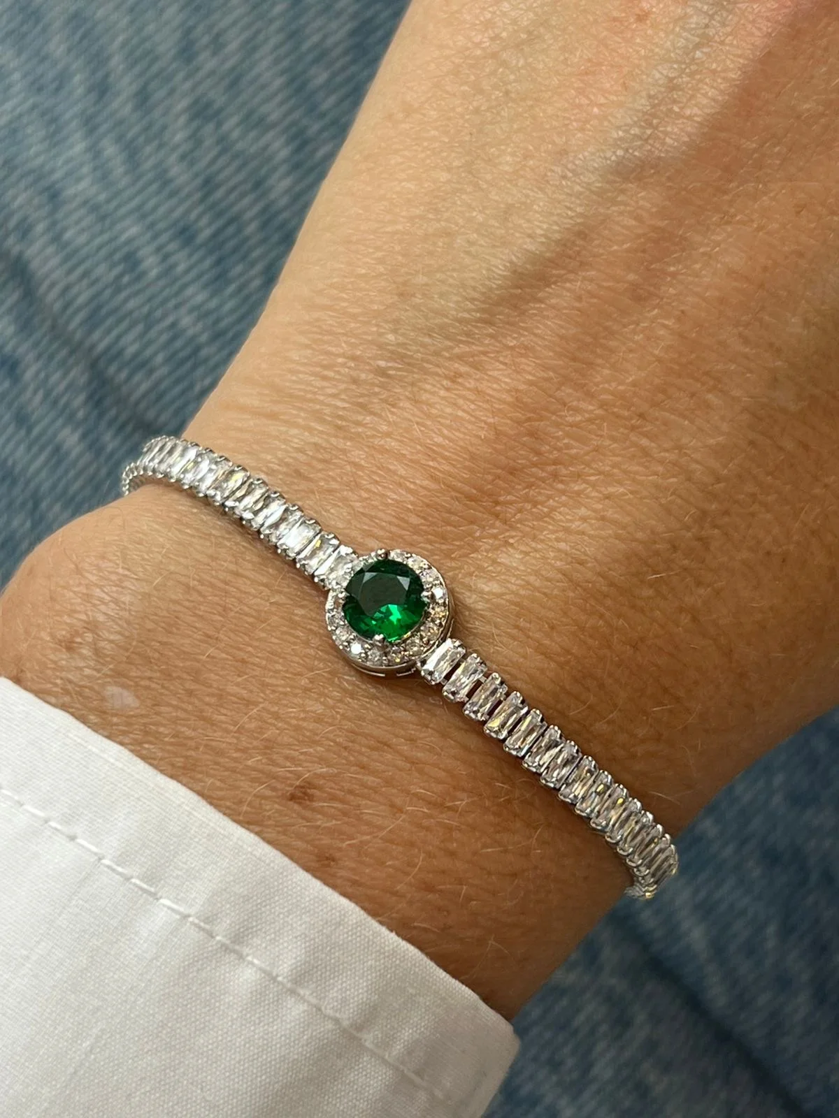 Pulseira Riviera Ponto de Luz com Zircônia Cristal e Verde Esmeralda (Fecho Joia) em Banho de Ródio Branco