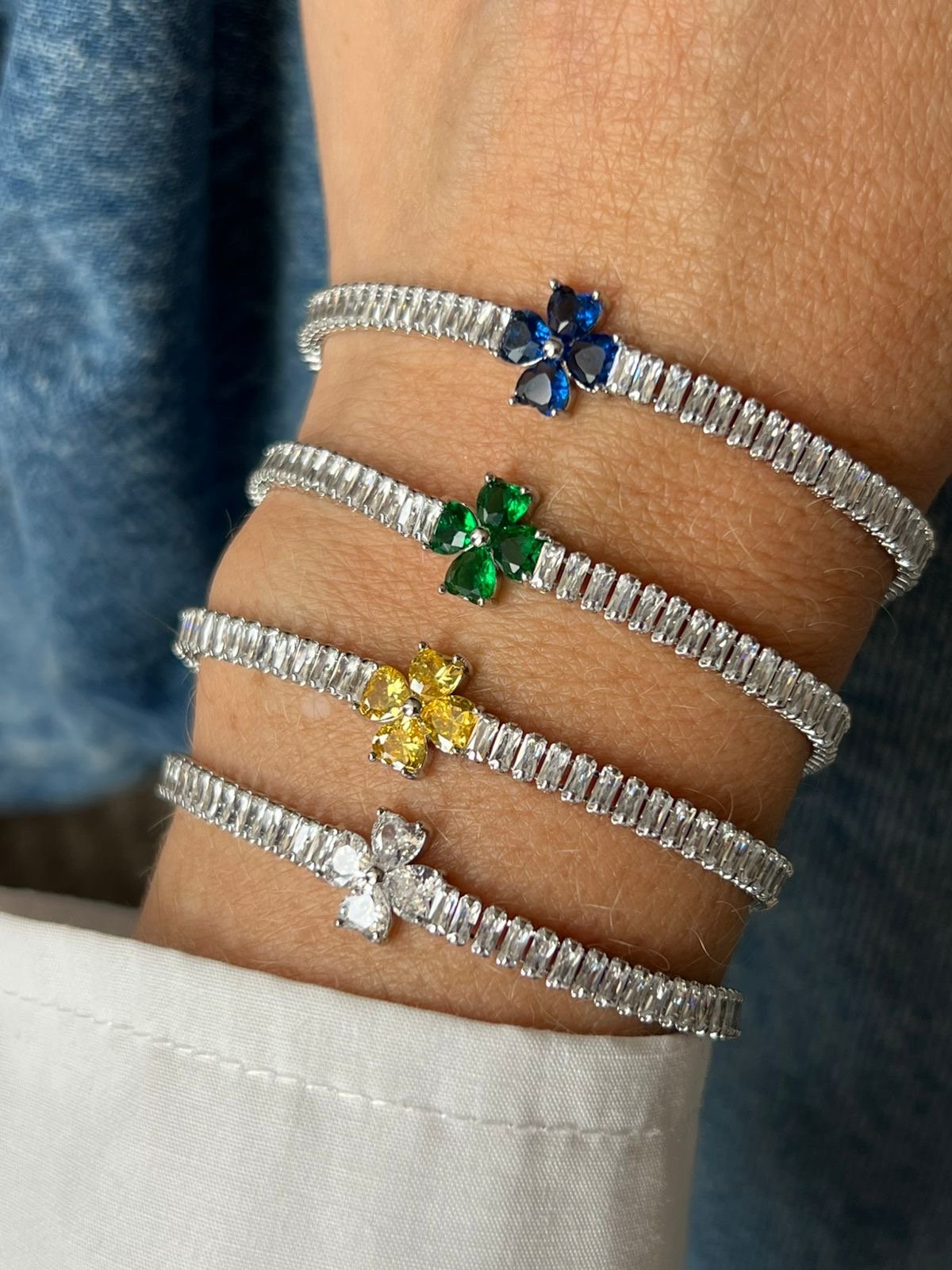 Pulseira Riviera Trevo com Zircônia (Fecho Joia) em Banho de Ródio Branco