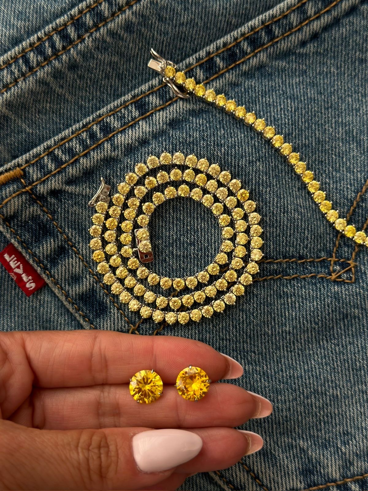 Riveira 3 pontas Zircônia Citrino 4mm + Brinco 10mm (Fecho Joia) em Banho de Ródio Branco