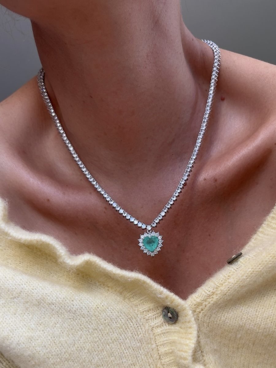 Riviera 3 pontas com Coração Fusion Esmeralda Colombiana ( Fecho Joia ) em Banho de Ródio Branco