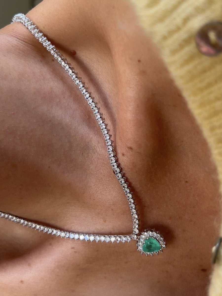 Riviera 3 pontas com Coração Fusion Esmeralda Colombiana ( Fecho Joia ) em Banho de Ródio Branco
