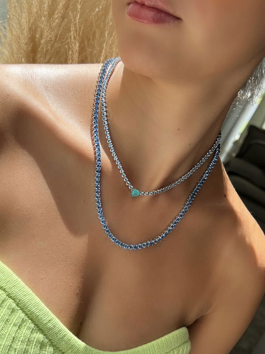 Riviera 3 Pontas com Zircônia Espinélio Azul 50cm ( Fecho Joia ) em Banho de Ródio Branco