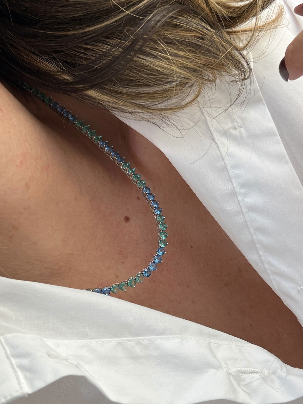 Riviera 3 Pontas com Zircônia Espinélio Azul e Turmalina ( Fecho Joia ) em Banho de Ródio Branco