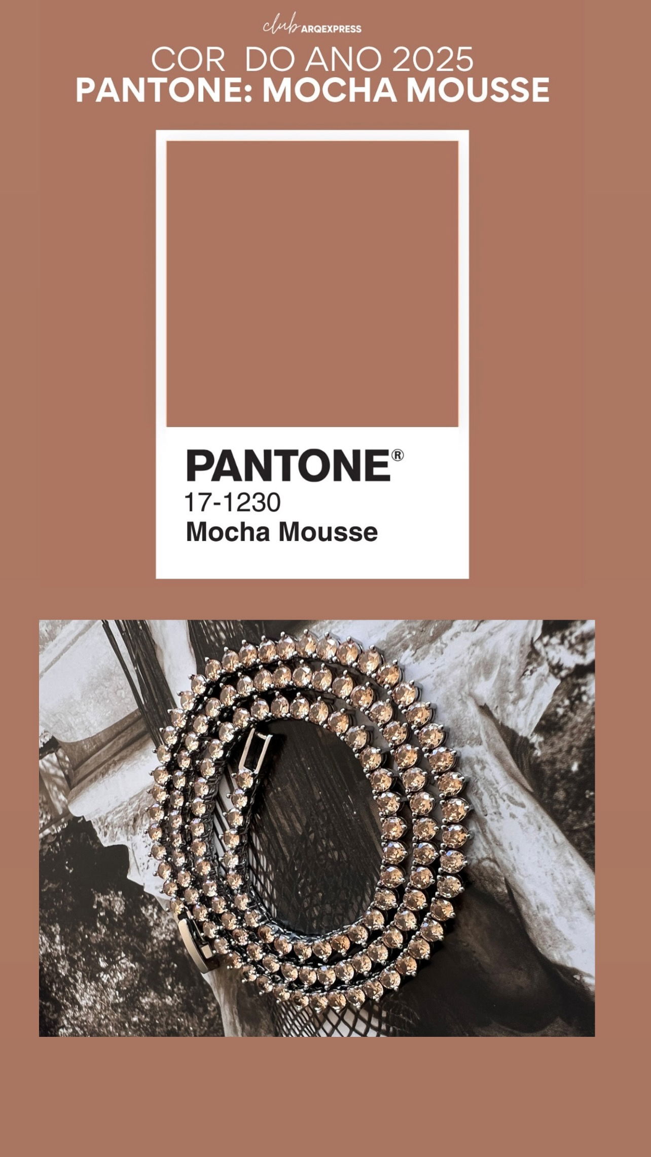 Riviera 3 pontas com Zircônia Mocha Mousse (Fecho Joia) em Banho de Ródio Branco