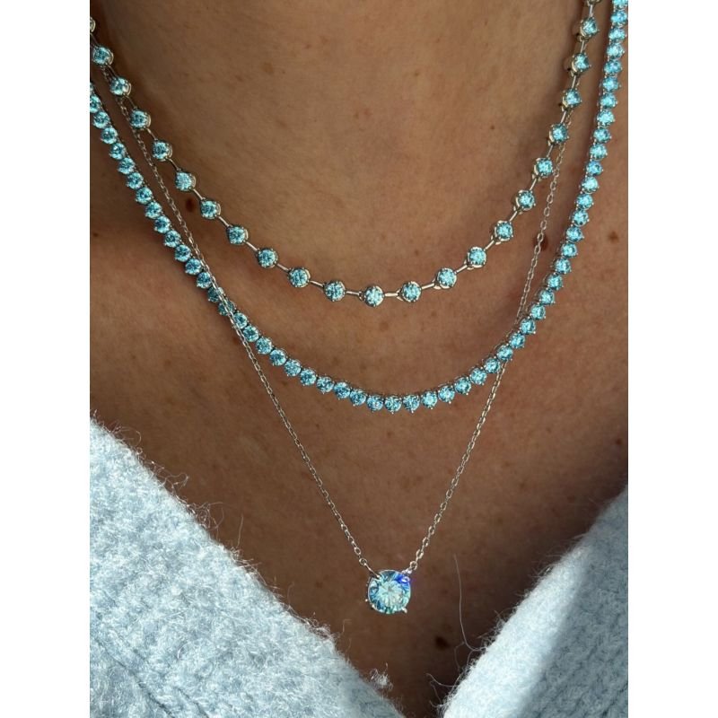 Riviera 3 pontas com Zircônia Sky Blue 3mm (Fecho Joia) em Banho de Ródio Branco