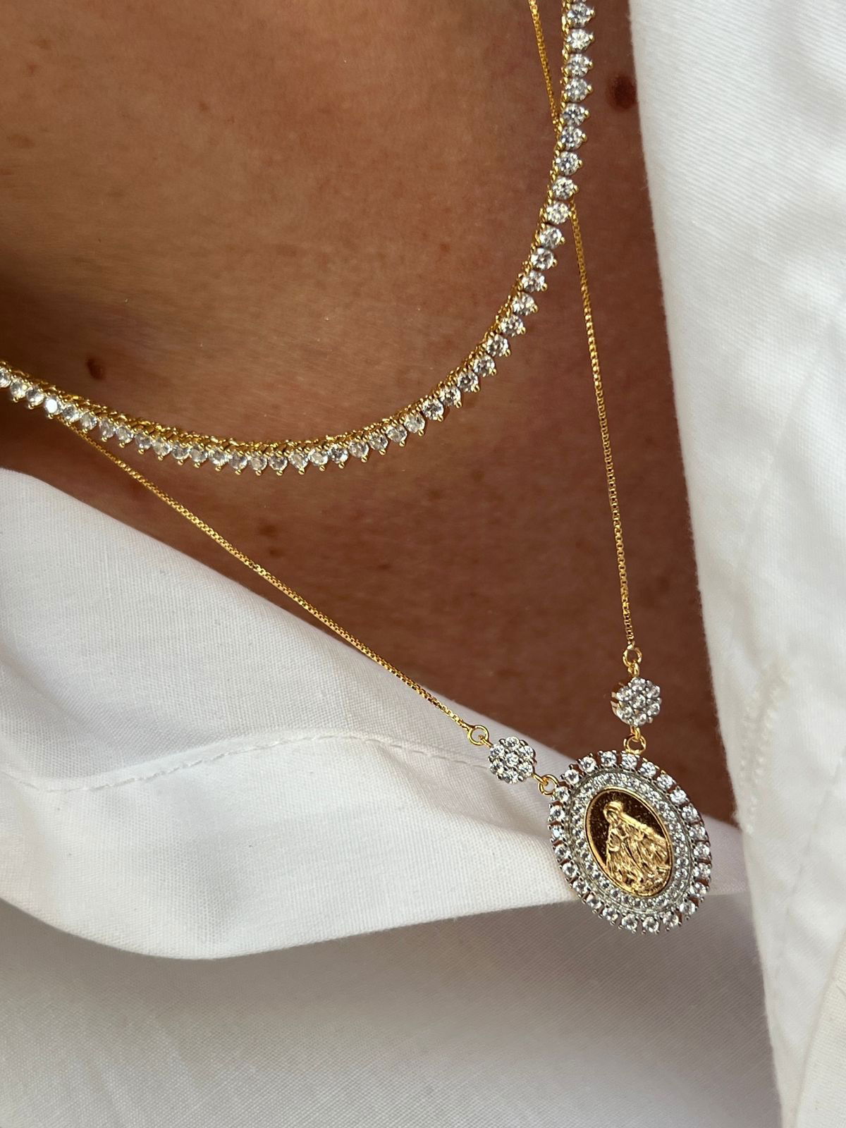 Riviera 3 pontas Zircônia Cristal 2mm (Fecho Joia) em Banho de Ouro