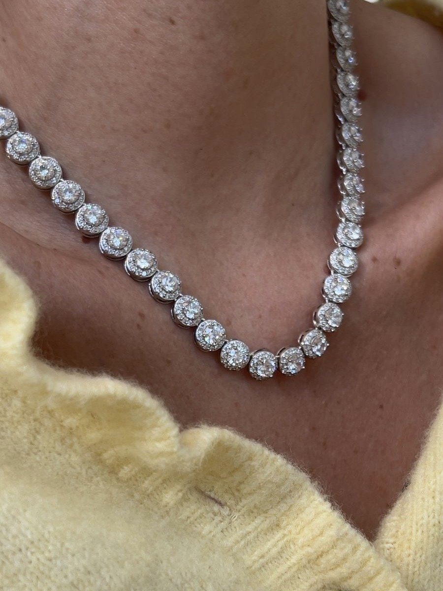 Riviera + Brinco Pavê com Zircônia Cristal (Fecho Joia) em Banho de Ródio Branco