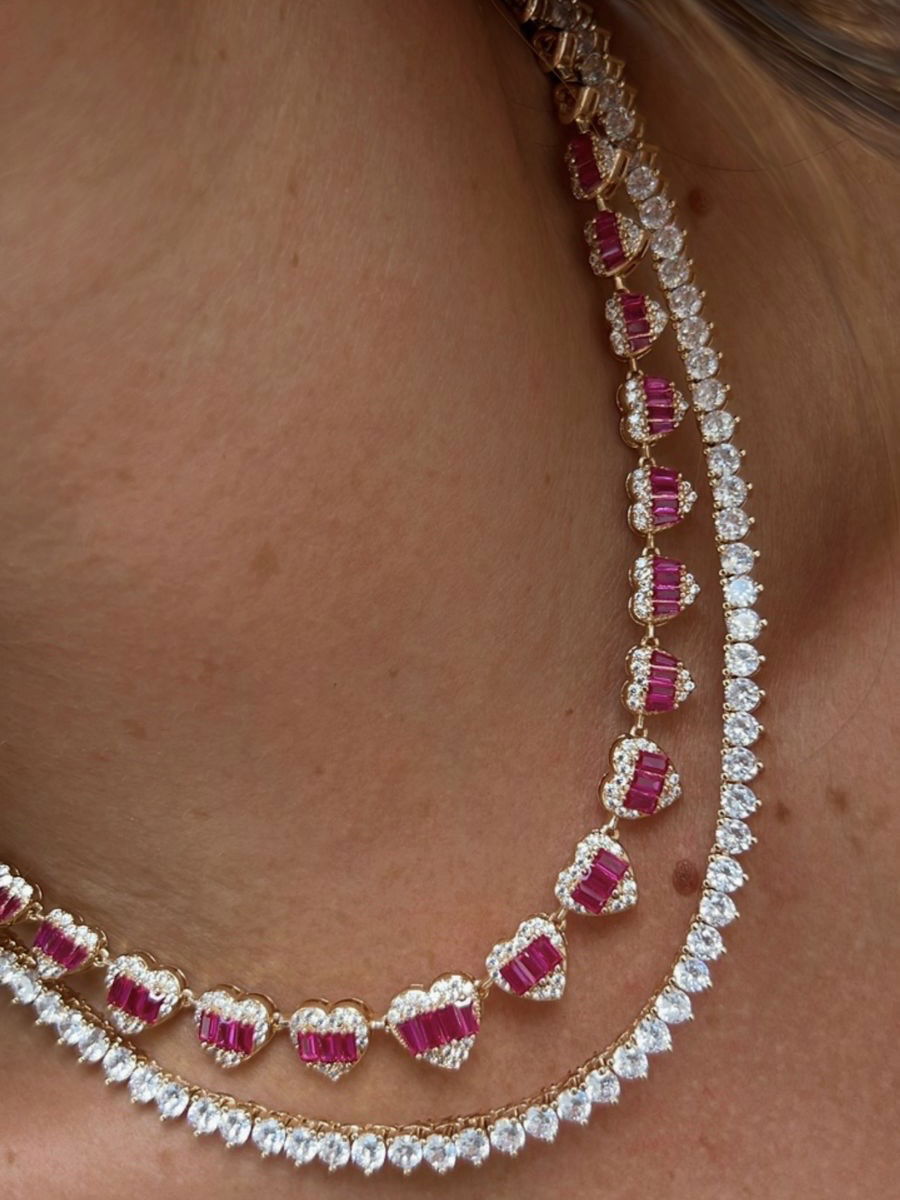 Riviera com Coração Cristal e Pink e Coração Liso(Fecho Joia) em Banho de Ouro