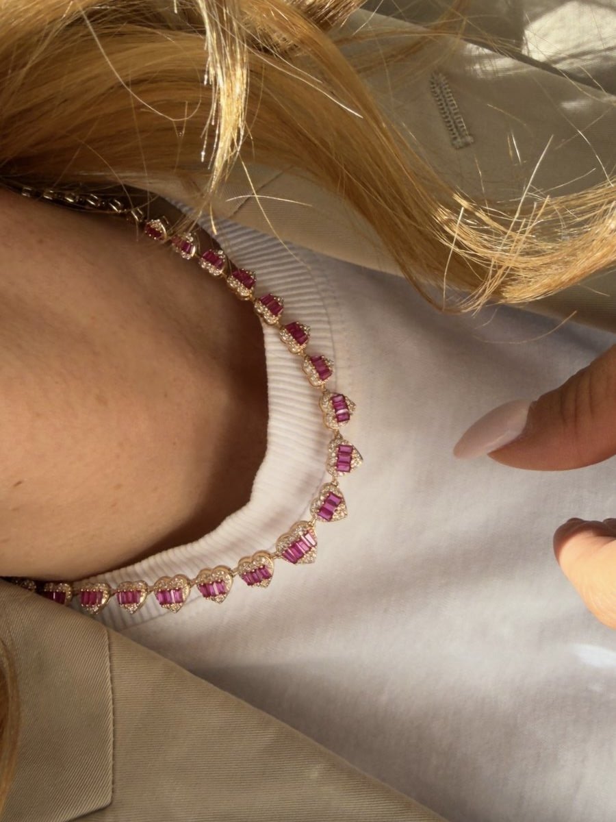 Riviera com Coração Cristal e Pink e Coração Liso(Fecho Joia) em Banho de Ouro