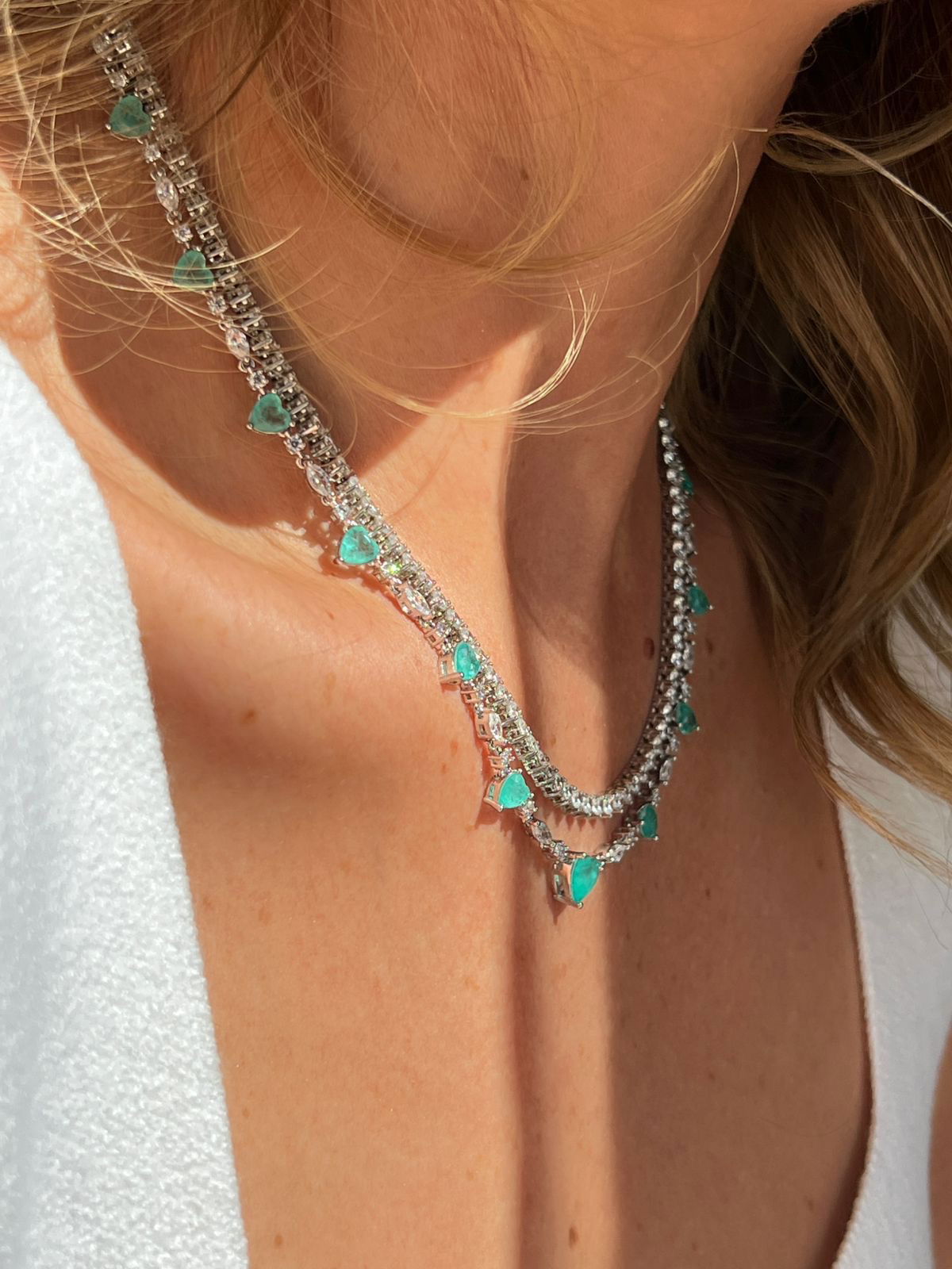 Riviera com Coração Fusion Esmeralda Colombiana 45cm (Fecho Joia) em Banho de Ródio Brenco6