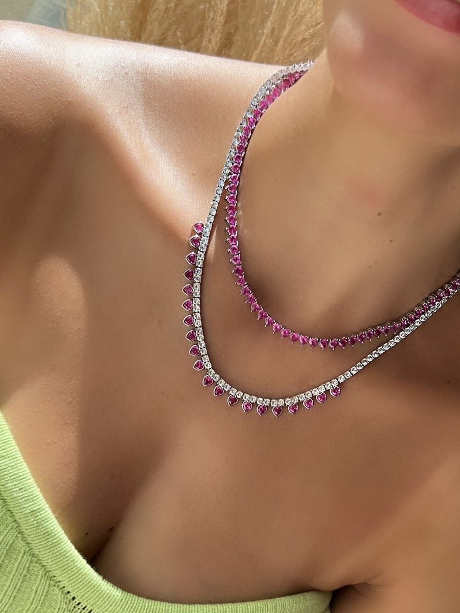 Riviera com Coração Zircônia Pink ( Fecho Joia ) em Banho de Ródio Branco