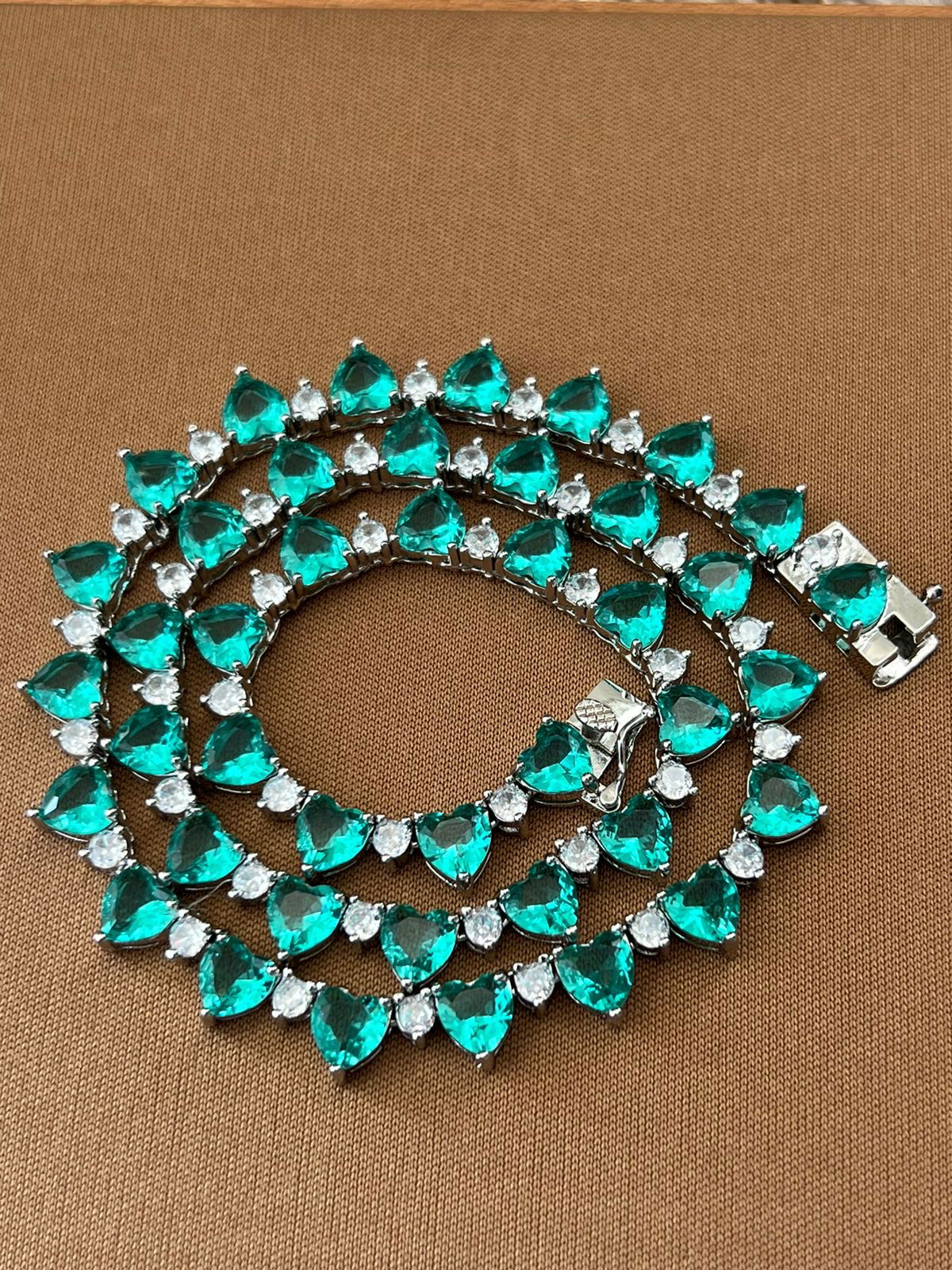 Riviera com Corações Turmalina e Cristal (Fecho Joia) em Banho de Ródio Branco