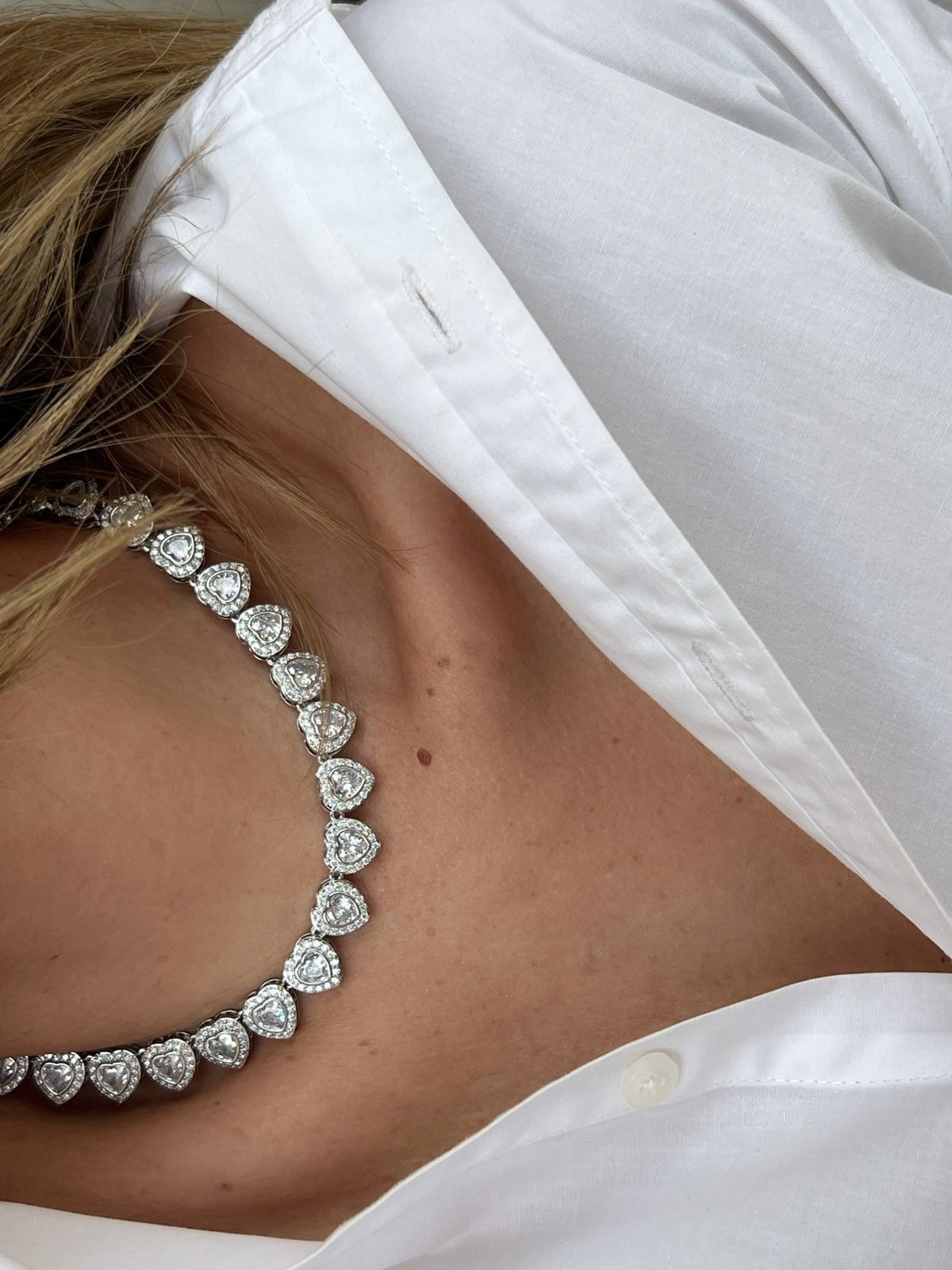 Riviera Corações com Zircônia Cristal (Fecho Joia) em Banho de Ródio Branco