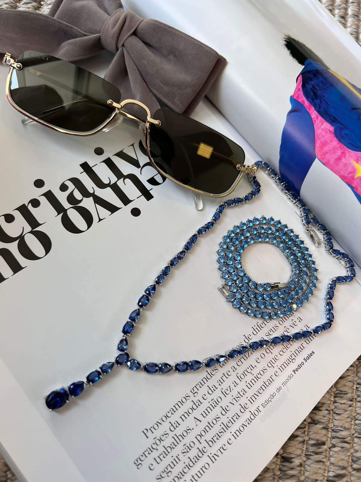 Riviera Gravata Azul Safira (Segunda) (Fecho Joia) em Banho de Ródio Branco