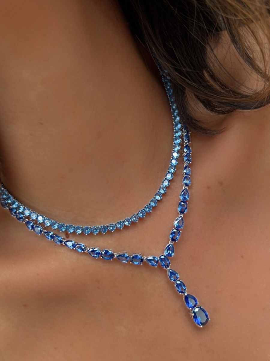 Riviera Gravata Azul Safira (Segunda) (Fecho Joia) em Banho de Ródio Branco