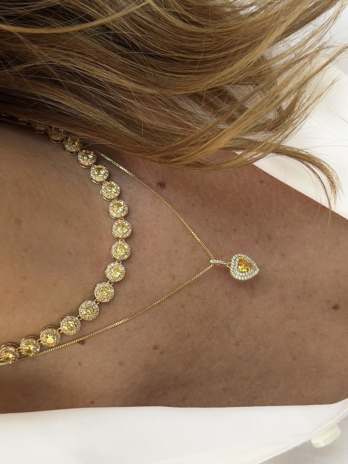 Riviera Pavê Zircônia Cristal e Citrino (Fecho Joia) em Banho de Ouro