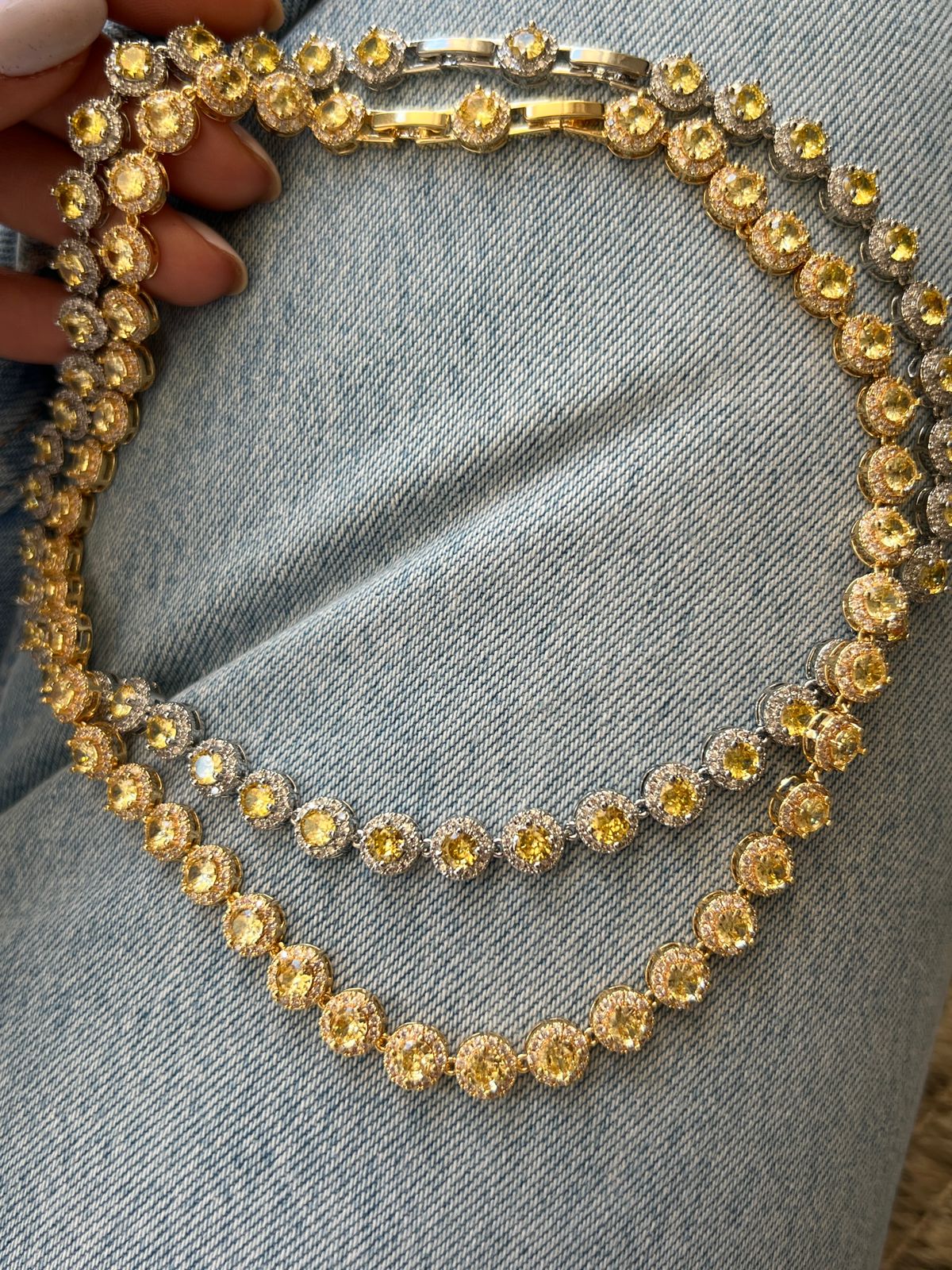 Riviera Pavê Zircônia Cristal e Citrino (Fecho Joia) em Banho de Ouro